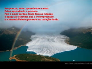 Aos poucos, estou aprendendo a amar.  Estou aprendendo a perdoar. Pois o amor perdoa, lança fora as mágoas, e apaga as cicatrizes que a incompreensão  e a insensibilidade gravaram no coração ferido. 