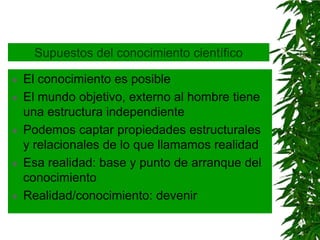 Supuestos del conocimiento científico

   El conocimiento es posible
   El mundo objetivo, externo al hombre tiene
    una estructura independiente
   Podemos captar propiedades estructurales
    y relacionales de lo que llamamos realidad
   Esa realidad: base y punto de arranque del
    conocimiento
   Realidad/conocimiento: devenir
 
