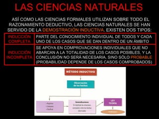 ASÍ COMO LAS CIENCIAS FORMALES UTILIZAN SOBRE TODO EL RAZONAMIENTO DEDUCTIVO, LAS CIENCIAS NATURALES SE HAN SERVIDO DE LA  DEMOSTRACIÓN INDUCTIVA . EXISTEN DOS TIPOS: LAS CIENCIAS NATURALES SE APOYA EN COMPROVACIONES INDIVIDUALES QUE NO ABARCAN A LA TOTALIDAD DE LOS CASOS POSIBLES, Y LA CONCLUSIÓN NO SERÁ NECESARIA, SINO SÓLO  PROBABLE   (PROBABILIDAD DEPENDE DE LOS CASOS COMPROBADOS) INDUCCIÓN INCOMPLETA PARTE DEL CONOCIMIENTO INDIVIDUAL DE TODOS Y CADA UNO DE LOS CASOS QUE SE DAN DENTRO DE UN ÁMBITO INDUCCIÓN COMPLETA 