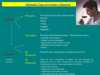 Diferentes Tipos de Aromas y Bouquets AROMAS Primario Proviene de los racimos, tiene carácter  afrutado -Flores  -Frutas  -Vegetal  -Especias  Secundario Proviene de las fermentaciones.  Tiene carácter vinoso. - Alcoholes, como el etílico - Lácticos, como la mantequilla - Acidos grasos, como el jabón o la cera - Aldehídos como la levadura o el pan - Esteres BOUQUET De Oxidación Tipos de vinos envejecidos en contacto con el aire. (Aroma terciario) De Reducción Tipos de vinos envejecidos al abrigo del aire (bouquet de maduración de los vinos conservados en barricas, bouquets de envejecimiento de los vinos conservados en botellas) - Animal, como el cuero - Vegetal seco como los tabacos - Torrefactos como el café o el cacao - Frutos secos como las nueces o las avellana 