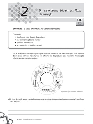 2
                 UNIDADE
                                                Um ciclo de matéria em um ﬂuxo
                                                de energia

                                                                                                  CIE

          cAPíTUlO 3 – O CiCLO DA MATÉRiA NO SiSTEMA TERRESTRE

          Conteúdos:
            • Análise do ciclo da vida do produto
            • As transformações no mundo
            • Átomos e moléculas
            • As partículas e os ciclos naturais



          12) A matéria no ambiente passa por diversos processos de transformação, que incluem
          desde a sua extração na natureza até a fabricação de produtos pela indústria. A ilustração
          relaciona essas transformações.




                                                                         Representação para fins didáticos.



     a) O ciclo da matéria representado possui características de sustentabilidade ambiental? Justifique
        sua resposta.




                6.° ANO | CiêNCiAS ENSiNO FUNDAMENTAL
16
 