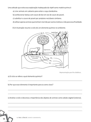 Uma atitude que evita essa exploração inadequada do réptil como matéria-prima é
           a) criar animais em cativeiro para evitar a caça clandestina.
           b) confeccionar bolsas com couro de boi em vez de couro de jacaré.
           c) substituir o couro de jacaré por produtos recicláveis similares.
           d) utilizar apenas animais que tenham morrido por outros motivos e não para essa finalidade.


          15) A ilustração resume o ciclo de um elemento químico no ambiente.

                                                          N2             Relâmpago




                                                                                 NO
                                 N2


                                                                                               Chuva
                                                                                      NO2
                                                           Leguminosas




                                      Plantas e dejetos
                                         de animais                  NH3
                                                                    NO2-
                                                                   NO3-
                                                                              Para o subsolo




                                                                                      Representação para fins didáticos.

     a) O ciclo se refere a qual elemento químico?



     b) Por que esse elemento é importante para os seres vivos?




     c) Analise o ciclo e descreva a importância dos dejetos de animais como adubo vegetal (esterco).




                6.° ano | ciências Ensino Fundamental
18
 