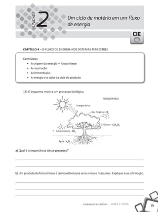 2
           UNIDADE
                                        Um ciclo de matéria em um ﬂuxo
                                        de energia

                                                                                                         CIE

     cAPíTUlO 4 – O FLUXO DE ENERGiA NOS SiSTEMAS TERRESTRES

     Conteúdos:
       • A origem da energia – fotossíntese
       • A respiração
       • A fermentação
       • A energia e o ciclo da vida do produto



     16) O esquema mostra um processo biológico.

                                                                                FOTOSSÍNTESE

                                                    Energia da luz

                                                                     Gás Oxigênio - O2




                                                                                Glicose - C6H12O6

                              Gás Carbônico - CO2



                                Água - H2O


a) Qual é a importância desse processo?




b) Um produto da fotossíntese é combustível para seres vivos e máquinas. Explique essa afirmação.




                                                          CADERNO DE EXERCÍCIOS          Saber e Fazer
                                                                                                               19
 
