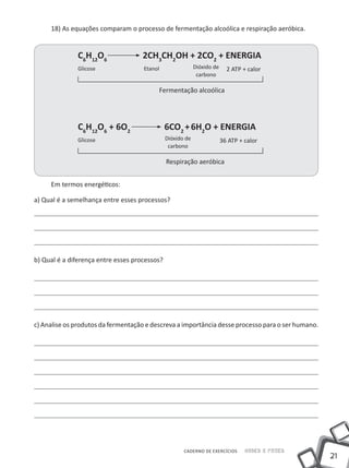 18) As equações comparam o processo de fermentação alcoólica e respiração aeróbica.


              C6H12O6 		             2CH3CH2OH + 2CO2 + ENERGIA
              Glicose                Etanol                 Dióxido de     2 ATP + calor
                                                             carbono

                                          Fermentação alcoólica




              C6H12O6 + 6O2 		                 6CO2 + 6H2O + ENERGIA
              Glicose                          Dióxido de                36 ATP + calor
                                                carbono

                                               Respiração aeróbica


     Em termos energéticos:

a) Qual é a semelhança entre esses processos?




b) Qual é a diferença entre esses processos?




c) Analise os produtos da fermentação e descreva a importância desse processo para o ser humano.




                                                      CADERNO DE EXERCÍCIOS       Saber e Fazer
                                                                                                   21
 