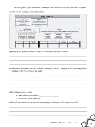 16) A imagem a seguir é uma linha do tempo com a divisão tradicional da história ocidental.

Analise-a e, em seguida, resolva as questões.

                                                    HISTÓRIA
             3,5 milhões a.C                  4 mil a.C
        Surgimento dos primeiros       INVENÇÃO DA ESCRITA
               hominídeos            Nome: Escrita Cuneiforme
               Local: África        Local: Mesopotâmia (Iraque)
                                           Povo: Sumérios

                    PRÉ-HISTÓRIA                                                 HISTÓRIA
             Pesquisa do passado dos seres          Pesquisa do passado dos seres humanos depois da invenção da escrita
          humanos antes da invenção da escrita

               12 mil a.C       5 mil a.C                    478 d.C          1453 d.C          1789 d.C
              Estabilização   Invenção da                   Queda de          Queda de         Revolução
                climática      metalurgia                     Roma          Constantinopla      Francesa

                                   IDADE DOS                                            IDADE             IDADE
         PALEOLÍTICO   NEOLÍTICO     METAIS       IDADE ANTIGA      IDADE MÉDIA
                                                                                       MODERNA       CONTEMPORÂNEA




a) Explique por que essa linha de tempo não contempla a história oriental.




b) Identifique o nome do período anterior à invenção da escrita e explique por que esse período
   recebeu o nome identificado por você.




c) Identifique em que século:
        •• teve início a Idade Média: ____________________
        •• terminou a Idade Moderna: ____________________

d) Identifique o elemento característico da contagem de tempo cristã presente na linha.




                                                                    CADERNO DE EXERCÍCIOS        Saber e Fazer
                                                                                                                          45
 