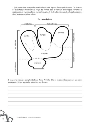 12) Os seres vivos sempre foram classificados de alguma forma pelo homem. Os sistemas
          de classificação mudaram ao longo do tempo, pois a evolução tecnológica aumentou a
          capacidade de investigação do mundo biológico. A ilustração mostra a classificação dos seres
          vivos baseada em cinco reinos.

                                                           os cinco reinos

                                     autótrofos                            heterótrofos



                                                                                          animais




                                                                                                    pluricelulares
                                                               fungos
                                     plantas
            eucariontes




                                                                   protistas




                                                                                                    unicelulares
                                                      moneras
            procariontes




     O esquema mostra a complexidade do Reino Protista. Cite as características comuns aos seres
     vivos desse reino e que estão presentes nos demais.




                           7.o ANO | CIêNCIAS ENSINO FuNDAmENtAl
16
 