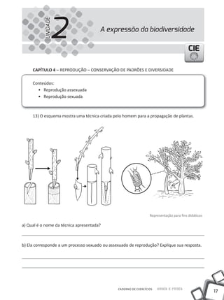 2
           UNIDADE
                                       A expressão da biodiversidade

                                                                                           CIE

     CapÍtulo 4 – REPRODUÇÃO – CONSERVAÇÃO DE PADRÕES E DIVERSIDADE

     Conteúdos:
       • Reprodução assexuada
       • Reprodução sexuada



     13) O esquema mostra uma técnica criada pelo homem para a propagação de plantas.




                                                                   Representação para fins didáticos

a) Qual é o nome da técnica apresentada?



b) Ela corresponde a um processo sexuado ou assexuado de reprodução? Explique sua resposta.




                                                CADERNO DE EXERCÍCIOS   Saber e Fazer
                                                                                                       17
 