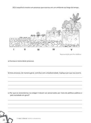 18) A sequência mostra um processo que ocorreu em um ambiente ao longo do tempo.




            I              II                  III             IV                        V
                                                                         Representação para fins didáticos



     a) Escreva o nome deste processo.




     b) Este processo, de maneira geral, contribui com a biodiversidade. Explique por que isso ocorre.




     c) Por que os ecossistemas no estágio V devem ser preservados por meio de políticas públicas e
        pela sociedade em geral?




                7.o ano | ciências Ensino Fundamental
22
 
