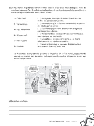 c) Os movimentos migratórios ocorrem dentro e fora dos países e sua intensidade pode variar de
   acordo com a época. Para descobrir quais são os tipos de movimentos populacionais existentes,
   numere a segunda coluna de acordo com a primeira.


     1 – Êxodo rural               (	 ) Migração de população altamente qualificada com
                                   destino aos países desenvolvidos.
     2 – Transumância              (	 ) Fenômeno no qual se observa o movimento de pessoas
                                   das cidades para o campo.
     3 – Fuga de cérebros          (	 ) Movimento populacional do campo em direção aos
                                   grandes centros urbanos.
                                   (	 ) Deslocamento de pessoas entre cidades vizinhas que
     4 – Urbano rural              ocorre durante um mesmo dia.
                                   (	 ) Migração que ocorre durante certa época do ano
     5 – Inter-regional            principalmente por motivo de trabalho.
                                   (	 ) Movimento em que se observa o deslocamento de
     6 – Pendular                  pessoas entre duas regiões do país.


     18) A xenofobia é um problema que afeta os imigrantes em todo o mundo, especialmente
     aqueles que migram para as regiões mais desenvolvidas. Analise a imagem a seguir, que
     retrata este problema.




a) Conceitue xenofobia.




                                                  CADERNO DE EXERCÍCIOS   Saber e Fazer
                                                                                                   35
 