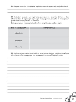 21) Cite duas províncias mineralógicas brasileiras que se destacam pela produção mineral.




22) A atividade agrícola é um importante setor econômico brasileiro. Existem no Brasil
diferentes tipos de organização e produção no espaço rural, o que faz do nosso país um
grande produtor e exportador de alimentos.
Conheça um pouco mais a agricultura brasileira completando o quadro a seguir.


TIPO DE AGRICULTURA                                CARACTERÍSTICAS


     Subsistência



      Plantation


      Itinerante



23) Explique por que, apesar de o Brasil ser um grande produtor e exportador de gêneros
alimentícios, milhares de pessoas em nosso país sofrem com a falta de alimentos.




                                             CADERNO DE EXERCÍCIOS   Saber e Fazer
                                                                                            37
 