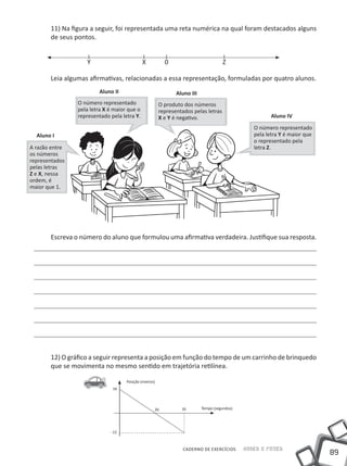 11) Na figura a seguir, foi representada uma reta numérica na qual foram destacados alguns
       de seus pontos.


                   Y                         X           0                          Z

       Leia algumas afirmativas, relacionadas a essa representação, formuladas por quatro alunos.
                        Aluno II                              Aluno III
                O número representado                  O produto dos números
                pela letra X é maior que o             representados pelas letras
                representado pela letra Y.             X e Y é negativo.                               Aluno IV
                                                                                                O número representado
  Aluno I                                                                                       pela letra Y é maior que
                                                                                                o representado pela
A razão entre                                                                                   letra Z.
os números
representados
pelas letras
Z e X, nessa
ordem, é
maior que 1.




       Escreva o número do aluno que formulou uma afirmativa verdadeira. Justifique sua resposta.




       12) O gráfico a seguir representa a posição em função do tempo de um carrinho de brinquedo
       que se movimenta no mesmo sentido em trajetória retilínea.

                                    Posição (metros)
                              16



                                                   20           35        Tempo (segundos)




                             -12



                                                                 CADERNO DE EXERCÍCIOS       Saber e Fazer
                                                                                                                           89
 