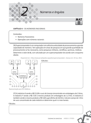 2
                 UNIDADE
                                                          Números e ângulos

                                                                                                          MAT

          CapÍtulo 4 – OS NÚmEROS RACIONAIS

          Conteúdos:
            • Números fracionários
            • Operações com números racionais


          26) Supercomputador é um computador com altíssima velocidade de processamento e grande
          capacidade de memória. Tem aplicação em áreas de pesquisa em que grande quantidade de
          processamento se faz necessária, como pesquisas militares, científicas, químicas, médicas.
          Determine o valor de a, a ser calculado por um supercomputador de acordo com o esquema
          abaixo.
                       Disponível em: <http://www.pt.wikipedia.org/wiki/supercomputador>. Acesso em: 19 nov. 2012.

     15          5                     2              1   Cálculos:
 −                                 −              +
     18          4                     5              2




          some                             some

                     multiplique




                           A

Representação para fins didáticos

          27) A indústria X vende a R$ 15,00 o suco de laranja concentrado em embalagens de 3 litros.
          A indústria Y vende a R$ 7,50 o mesmo produto em embalagens de 1,5 litro. A indústria Z
          também vende o mesmo produto a R$ 3,60 a garrafinha de 0,8 litro. Calcule o preço de 1 litro
          de suco concentrado de cada indústria e determine qual é o mais barato.
Cálculos:




                                                                  CADERNO DE EXERCÍCIOS   Saber e Fazer
                                                                                                                     99
 