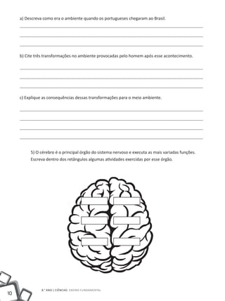 a) Descreva como era o ambiente quando os portugueses chegaram ao Brasil.




     b) Cite três transformações no ambiente provocadas pelo homem após esse acontecimento.




     c) Explique as consequências dessas transformações para o meio ambiente.




          5) O cérebro é o principal órgão do sistema nervoso e executa as mais variadas funções.
          Escreva dentro dos retângulos algumas atividades exercidas por esse órgão.




                8.° ano | ciências Ensino Fundamental
10
 
