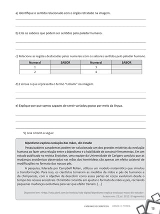 a) Identifique o sentido relacionado com o órgão retratado na imagem.




b) Cite os sabores que podem ser sentidos pelo paladar humano.




c) Relacione as regiões destacadas pelos numerais com os sabores sentidos pelo paladar humano.
          Numeral                     SABOR                     Numeral                      SABOR
            1                                                     3
            2                                                     4


d) Escreva o que representa o termo “Umami” na imagem.




e) Explique por que somos capazes de sentir variados gostos por meio da língua.




     9) Leia o texto a seguir.


       Bipedismo explica evolução das mãos, diz estudo
       Pesquisadores canadenses podem ter solucionado um dos grandes mistérios da evolução
 humana ao fazer uma relação entre o bipedismo e a habilidade de construir ferramentas. Em um
 estudo publicado na revista Evolution, uma equipe da Universidade de Carlgary concluiu que as
 mudanças anatômicas observadas nas mãos dos hominídeos são apenas um efeito colateral de
 modificações no formato dos nossos pés.
       A pesquisa, liderada por Campbell Rolian, utilizou um modelo matemático que simulou
 a transformação. Para isso, os cientistas tomaram as medidas de mãos e pés de humanos e
 de chimpanzés, com o objetivo de descobrir como essas partes do corpo evoluíram desde o
 tempo dos nossos ancestrais. O método consistiu em ajustar o formato de mãos e pés, recriando
 pequenas mudanças evolutivas para ver que efeito trariam. [...]

      Disponível em: <http://veja.abril.com.br/noticia/vida-digital/bipedismo-explica-evolucao-maos-diz-estudo>.
                                                                             Acesso em: 22 jul. 2012. (Fragmento)


                                                           CADERNO DE EXERCÍCIOS    Saber e Fazer
                                                                                                                    13
 