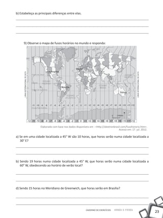 b) Estabeleça as principais diferenças entre elas.




      9) Observe o mapa de fusos horários no mundo e responda:




                  Elaborado com base nos dados disponíveis em : <http://alextronbrasil.com/fusohorario.htm>.
                                                                                     Acesso em: 17. jul. 2012.

a) Se em uma cidade localizada a 45° W são 10 horas, que horas serão numa cidade localizada a
   30° E?




b) Sendo 19 horas numa cidade localizada a 45° W, que horas serão numa cidade localizada a
   60° W, obedecendo ao horário de verão local?




d) Sendo 15 horas no Meridiano de Greenwich, que horas serão em Brasília?




                                                         CADERNO DE EXERCÍCIOS   Saber e Fazer
                                                                                                                 23
 