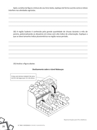 Após a análise da figura e leitura do seu livro-texto, explique de forma sucinta como o relevo
     interfere nas atividades agrícolas.




           18) A região Sudeste é conhecida pela grande quantidade de chuvas durante o mês de
           janeiro, potencializando os desastres em áreas com alto índice de urbanização. Explique a
           que se deve tamanho índice pluviométrico na região nesse período.




           19) Analise a figura abaixo:

                                          Deslizamento sobre o túnel Rebouças


        A área com terreno instável é de cerca
        de 20 m de largura por 15 m de altura




                                                                                Representação para fins didáticos


                  8.° ano | GEOGRAFIA Ensino Fundamental
28
 