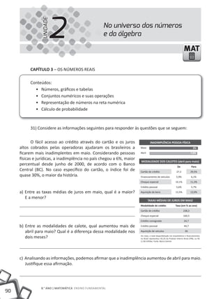 2
                 UNIDADE
                                                     No universo dos números
                                                     e da álgebra

                                                                                                                      MAT

          CAPíTULO 3 – OS NÚMEROS REAIS

          Conteúdos:
            • Números, gráficos e tabelas
            • Conjuntos numéricos e suas operações
            • Representação de números na reta numérica
            • Cálculo de probabilidade



          31) Considere as informações seguintes para responder às questões que se seguem:


            O fácil acesso ao crédito através do cartão e os juros               INADIMPLÊNCIA PESSOA FíSICA
     altos cobrados pelas operadoras ajudaram os brasileiros a         Maio                                                     8%

     ficarem mais inadimplentes em maio. Considerando pessoas          Abril                                                 7,8%

     físicas e jurídicas, a inadimplência no país chegou a 6%, maior
                                                                       MODALIDADE DOS CALOTES (abril para maio)
     percentual desde junho de 2000, de acordo com o Banco                                                     De             Para
     Central (BC). No caso específico do cartão, o índice foi de       Cartão de crédito                      27,3           29,5%
     quase 30%, o maior da história.                                   Financiamento de veículos              5,9%            6,1%
                                                                       Cheque especial                       10,1%           11,3%
                                                                       Crédito pessoal                        5,6%            5,7%

     a) Entre as taxas médias de juros em maio, qual é a maior?        Aquisição de bens                     13,5%           13,9%

        E a menor?
                                                                               TAXAS MÉDIAS DE JUROS EM MAIO
                                                                       Modalidade de crédito                 Taxa (em % ao ano)
                                                                       Cartão de crédito                             238,3
                                                                       Cheque especial                               169,5
                                                                       Crédito consignado                             24,7

     b) Entre as modalidades de calote, qual aumentou mais de          Crédito pessoal                                44,7

        abril para maio? Qual é a diferença dessa modalidade nos       Aquisição de veículos                           26

        dois meses?                                                    Em maio, o total disponibilizado em empréstimos e financiamentos
                                                                       no Brasil representou 50,1% do Produto Interno Bruto (PIB), ou R$
                                                                       2,136 trilhões. Fonte: Banco Central




     c) Analisando as informações, podemos afirmar que a inadimplência aumentou de abril para maio.
        Justifique essa afirmação.




                8.° ANO | MAtEMátICA ENSINO FuNDAMENtAL
90
 
