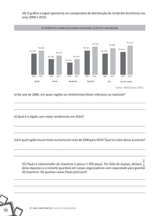 34) O gráfico a seguir apresenta um comparativo da distribuição de renda dos brasileiros nos
          anos 2000 e 2010.


                               O rendimento médio do brasileiro aumentou 15,5% em uma década




                                                                                                                                            R$ 3,136
                                                                                             R$ 3,122
                                                                                                                    R$ 2,890
                           R$ 2,653                                               R$ 2,812
                                                                                                                                 R$ 2,541
                R$ 2,297                                                                                R$ 2,378
                                                 R$ 2,115

                                      R$ 1,739                         R$ 1,708

                                                            R$ 1,361




                  2000     2010         2000     2010         2000      2010        2000     2010          2000      2010           2000     2010


                      Brasil               Norte                Nordeste              Sudeste                      Sul             Centro-oeste

                                                                                                                               Fonte: IBGE/Censo 2010.

     a) No ano de 2000, em quais regiões os rendimentos foram inferiores ao nacional?




     b) Qual é a região com maior rendimento em 2010?




     c) Em qual região houve maior aumento em reais de 2000 para 2010? Qual é o valor desse aumento?




                                                                                                   2
          35) Paulo é colecionador de chaveiros e possui 1 850 peças. Por falta de espaço, deixará 5
          delas expostas e o restante guardará em caixas organizadoras com capacidade para guardar
          20 chaveiros. De quantas caixas Paulo precisará?




                8.° ano | MATEMÁTICA Ensino Fundamental
92
 