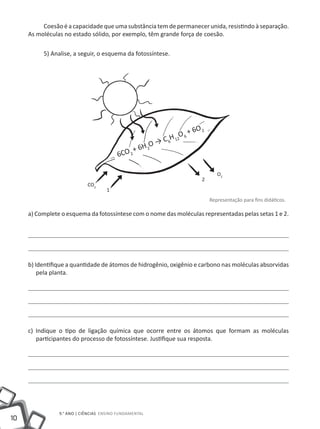 Coesão é a capacidade que uma substância tem de permanecer unida, resistindo à separação.
     As moléculas no estado sólido, por exemplo, têm grande força de coesão.

          5) Analise, a seguir, o esquema da fotossíntese.




                                                                      +   6O 2
                                                              H 12O 6
                                                       O   → C6
                                                 + 6H 2
                                         6CO 2

                                                                                    O2
                                                                             2
                            CO2
                                    1
                                                                                 Representação para fins didáticos.

     a) Complete o esquema da fotossíntese com o nome das moléculas representadas pelas setas 1 e 2.




     b) Identifique a quantidade de átomos de hidrogênio, oxigênio e carbono nas moléculas absorvidas
         pela planta.




     c) Indique o tipo de ligação química que ocorre entre os átomos que formam as moléculas
        participantes do processo de fotossíntese. Justifique sua resposta.




                9.° ano | ciências Ensino Fundamental
10
 