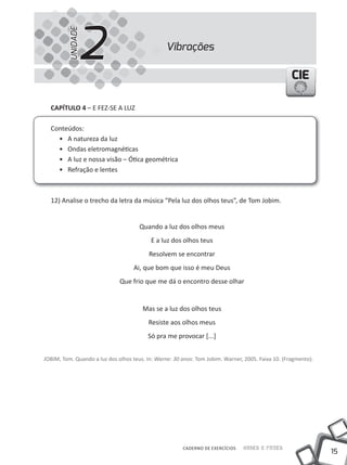 2
         UNIDADE
                                                 Vibrações

                                                                                                   CIE

  CAPÍTULO 4 – E FEZ-SE A lUZ

  Conteúdos:
    • A natureza da luz
    • Ondas eletromagnéticas
    • A luz e nossa visão – Ótica geométrica
    • Refração e lentes



  12) Analise o trecho da letra da música “Pela luz dos olhos teus”, de tom Jobim.


                                      Quando a luz dos olhos meus
                                           E a luz dos olhos teus
                                          Resolvem se encontrar
                                    Ai, que bom que isso é meu Deus
                              Que frio que me dá o encontro desse olhar


                                       mas se a luz dos olhos teus
                                         Resiste aos olhos meus
                                         Só pra me provocar [...]


JOBIm, tom. Quando a luz dos olhos teus. In: Warne: 30 anos: tom Jobim. Warner, 2005. Faixa 10. (Fragmento).




                                                       CADERNO DE EXERCÍCIOS   Saber e Fazer
                                                                                                               15
 