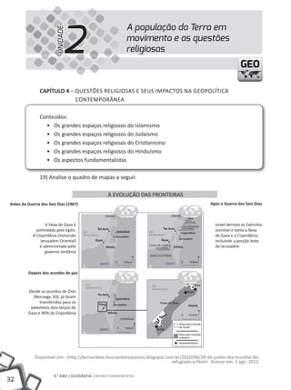 2
                                                        A população da Terra em


                        UNIDADE
                                                        movimento e as questões
                                                        religiosas
                                                                                                              GEO

               CAPÍTULO 4 – QUEStÕES RElIGIOSAS E SEUS ImPACtOS NA GEOPOlÍtICA
                            CONtEmPORÂNEA

               Conteúdos:
                 • Os grandes espaços religiosos do Islamismo
                 • Os grandes espaços religiosos do Judaísmo
                 • Os grandes espaços religiosos do Cristianismo
                 • Os grandes espaços religiosos do Hinduísmo
                 • Os aspectos fundamentalistas

               19) Analise o quadro de mapas a seguir.

                                                A EVOlUÇÃO DAS FRONtEIRAS
Antes da Guerra dos Seis Dias (1967)                                                          Após a Guerra dos Seis Dias



                   A faixa de Gaza é                                                            Israel derrota os Exércitos
             controlada pelo Egito.                                                             vizinhos e toma a faixa
            A Cisjordânia (incluindo                                                            de Gaza e a Cisjordânia,
                Jerusalém Oriental)                                                             incluindo a porção leste
                é administrada pelo                                                             de Jerusalém
                   governo Jordânia



         Depois dos acordos de paz



         Desde os acordos de Oslo
           (Noruega, 93), já foram
               transferidos para os
          palestinos dois terços de
         Gaza e 40% da Cisjordânia




            Disponível em: <http://bernardete-buscandorespostas.blogspot.com.br/2010/06/20-de-junho-dia-mundial-do-
                                                                           refugiado-o.html>. Acesso em: 1 ago. 2012.

                       9.° ANO | GEOGRAFIA ENSINO FUNDAmENtAl
32
 