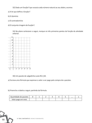 32) Dada um função f que associa cada número natural ao seu dobro, escreva:

     a) A lei que define a função f

     b) O domínio

     c) O contradomínio

     d) O conjunto imagem da função f.


             33) No plano cartesiano a seguir, marque os três primeiros pontos da função da atividade
             anterior.
            11

            10
            9
            8
            7

            6
            5

            4
            3
            2
            1


      -1         1     2   3   4   5   6




             34) Um pacote de salgadinho custa R$ 2,50.

     a) Escreva uma fórmula que expresse o valor a ser pago pela compra de x pacotes.




     b) Preencha a tabela a seguir, partindo da fórmula.


           Quantidade de pacotes           0        1          2   3   4      5         ...   x
            Valor pago em reais




                     9.° ano | MATEMÁTICA Ensino Fundamental
90
 