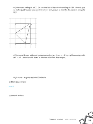 64) Observe o retângulo ABCD. Em seu interior, foi desenhado o triângulo DEF. Sabendo que
     na malha quadriculada cada quadrinho mede 1cm, calcule as medidas dos lados do triângulo
     DEF.




        B                 D




        A            F    C




     65) Em um triângulo retângulo, os catetos medem (x + 5) cm, (x + 3) cm e a hipotenusa mede
     (x + 7) cm. Calcule o valor de x e as medidas dos lados do triângulo.




     66) Calcule a diagonal de um quadrado de

a) 20 cm de perímetro

D=5 2




b) 256 cm2 de área




                                                 CADERNO DE EXERCÍCIOS   Saber e Fazer
                                                                                                  99
 
