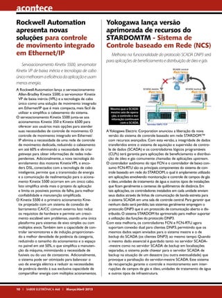 acontece
Rockwell Automation
apresenta novas
soluções para controle
de movimento integrado
em Ethernet/IP
Servoacionamento Kinetix 5500, servomotor
Kinetix VP de baixa inércia e tecnologia de cabo
único melhoram a eficiência da aplicação e usam
menos energia.
A Rockwell Automation lança o servoacionamento
Allen-Bradley Kinetix 5500, o servomotor Kinetix
VP de baixa inércia (VPL) e a tecnologia de cabo
único como uma solução de movimento integrado
em Ethernet/IP que é mais compacta, mais fácil de
utilizar e simplifica o cabeamento do sistema.
O servoacionamento Kinetix 5500 junta-se aos
acionamentos Kinetix 350 e Kinetix 6500 para
oferecer aos usuários mais opções para atender
suas necessidades de controle de movimento. O
controle de movimento integrado em Ethernet/
IP elimina a necessidade de uma rede de controle
de movimento dedicada, reduzindo o cabeamento
em até 60% e eliminando a necessidade de criar
gateways para obter informações de redes independentes. Adicionalmente, a nova tecnologia do
enrolamento dos motores Kinetix VPL e encoders DSL, conectados com a tecnologia de cabo
inteligente, permite que a transmissão de energia
e a comunicação de realimentação para o acionamento Kinetix 5500 ocorram em um único cabo.
Isto simplifica ainda mais o projeto da aplicação
e limita os possíveis pontos de falha, para melhor
confiabilidade e manutenção simplificada.
O Kinetix 5500 é o primeiro acionamento Kinetix projetado com um sistema de conexão de
barramento CA/CC comum externo. Isto reduz
os requisitos de hardware e permite um crescimento escalável sem problemas, usando uma única
plataforma para sistemas de eixo simples ou com
múltiplos eixos. Também tem a capacidade de controlar servomotores e de indução, proporcionando a melhor densidade de potência da categoria,
reduzindo o tamanho do acionamento e o espaço
no painel em até 50%, o que simplifica a manutenção da máquina, minimizando a necessidade de
fusíveis ou do uso de contatores. Adicionalmente,
o sistema pode ser otimizado para balancear o
uso de energia elétrica e reduzir as necessidades
de potência devido à sua exclusiva capacidade de
compartilhar energia com múltiplos acionamentos.

10 I SABER ELETRÔNICA 468 I Março/Abril 2013

Yokogawa lança versão
aprimorada de recursos do
STARDOMTM - Sistema de
Controle baseado em Rede (NCS)
Melhoria na funcionalidade do protocolo SCADA DNP3 será
para aplicações de beneficiamento e distribuição de óleo e gás

Mesmo que o SCADAmestre saia de operação, o controle e monitoração continuam
com o SCADA.

A Yokogawa Electric Corporation anunciou a liberação da nova
versão do sistema de controle baseado em rede STARDOM™
com recursos avançados. Com esta versão, a integridade de dados
transferidos entre o sistema de aquisição e supervisão de controle de dados (SCADA) e os controladores lógicos programáveis
(CLPs) terá garantia para aplicações de beneficiamento e distribuição de óleo e gás comumente chamadas de aplicações upstream.
O controlador autônomo do tipo FCN e o controlador de baixo consumo FCN-RTU são os principais componentes do sistema de controle baseado em rede do STARDOM, o qual é amplamente utilizado
em aplicações envolvendo monitoração e controle de campos de gás
e óleo, unidades de tratamento de água e outros tipos de instalações
que ficam geralmente a centenas de quilômetros de distância. Em
tais aplicações, os controladores instalados em cada unidade enviam
seus dados através de linhas de comunicação de banda estreita para
o sistema SCADA em uma sala de controle central. Para garantir que
nenhum dado será perdido, tais sistemas geralmente empregam o
protocolo DNP3 que é um protocolo de comunicação aberto e distribuído. O sistema STARDOM foi aprimorado para melhor suportar
a utilização das funções do protocolo DNP3.
Com esta melhoria, os controladores FCN e FCN-RTU agora
suportam conexão dual para clientes DNP3, permitindo que os
mesmos dados sejam enviados para o sistema mestre e o de
backup do SCADA (os clientes DNP3) ao mesmo tempo. Quando
o mesmo dado essencial é guardado tanto no servidor SCADA-mestre como no servidor SCADA de backup em localizações
separadas, o sistema pode chavear para o servidor SCADA de
backup na situação de um desastre (ou outra eventualidade) que
provoque a paralisação do servidor-mestre SCADA. Este sistema
de recuperação garante o controle e monitoramento sem interrupções de campos de gás e óleo, unidades de tratamento de água
e outros tipos de infraestrutura.

 