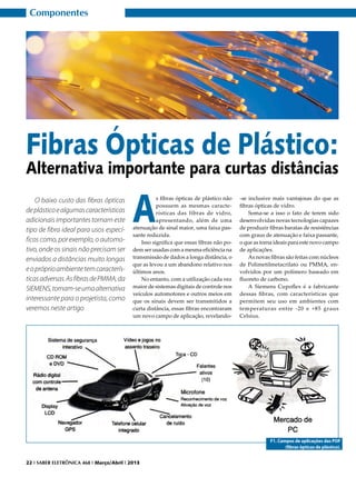 Componentes

Fibras Ópticas de Plástico:
Alternativa importante para curtas distâncias
O baixo custo das fibras ópticas
de plástico e algumas características
adicionais importantes tornam este
tipo de fibra ideal para usos específicos como, por exemplo, o automotivo, onde os sinais não precisam ser
enviados a distâncias muito longas
e o próprio ambiente tem características adversas. As fibras de PMMA, da
SIEMENS, tornam-se uma alternativa
interessante para o projetista, como
veremos neste artigo

A

s fibras ópticas de plástico não
possuem as mesmas características das fibras de vidro,
apresentando, além de uma
atenuação de sinal maior, uma faixa passante reduzida.
Isso significa que essas fibras não podem ser usadas com a mesma eficiência na
transmissão de dados a longa distância, o
que as levou a um abandono relativo nos
últimos anos.
No entanto, com a utilização cada vez
maior de sistemas digitais de controle nos
veículos automotores e outros meios em
que os sinais devem ser transmitidos a
curta distância, essas fibras encontraram
um novo campo de aplicação, revelando-

-se inclusive mais vantajosas do que as
fibras ópticas de vidro.
Soma-se a isso o fato de terem sido
desenvolvidas novas tecnologias capazes
de produzir fibras baratas de resistências
com graus de atenuação e faixa passante,
o que as torna ideais para este novo campo
de aplicações.
As novas fibras são feitas com núcleos
de Polimetilmetacrilato ou PMMA, envolvidos por um polímero baseado em
fluoreto de carbono.
A Siemens Cupoflex é a fabricante
dessas fibras, com características que
permitem seu uso em ambientes com
temperaturas entre -20 e +85 graus
Celsius.

F1. Campos de aplicações das POF
(fibras ópticas de plástico).
22 I SABER ELETRÔNICA 468 I Março/Abril I 2013

 
