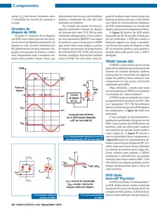 Componentes
mento (toff) são fatores limitantes entre
a velocidade do circuito de comando e
a carga.

Circuitos de
disparo de SCRs

Existem “n” maneiras de se disparar
um SCR. Caso o leitor procure tais circuitos em livros de Eletrônica Industrial, irá
deparar-se com circuitos formados por
RC (deslocamento de fase), transistor unijunção como gerador de pulsos, e outros
mais. Respeitando todo o excelente conteúdo teórico-prático dessas obras, que

demonstram tais técnicas com finalidade
didática, atualmente eles não são mais
utilizados na indústria.
Na verdade, até mesmo circuitos integrados dedicados à função de disparo
de tiristores (tal como TCA 785) já estão
totalmente ultrapassados. Com a utilização dos transistores MOSFET nas etapas
de potência, e que evoluiu para os IGBTs
(que serão vistos neste artigo), os pulsos
de disparo são retirados da própria placa
de controle (CLP, CPU, CNC, etc) via uma
interface analógica. Essa técnica também
inclui os SCRs. Por essa razão, seria im-

F15. Comportamento dinâmico de um SCR
quando disparado a 30° em uma rede AC.

possível analisar neste mesmo artigo tais
técnicas, portanto, para que o leitor tenha
uma ideia do funcionamento dinâmico
do SCR, representaremos os circuitos de
disparo apenas em um diagrama de bloco.
A figura 15 ilustra um SCR sendo
disparado aos 30° da senoide. Notem que,
por ser retificador, o SCR não conduz o
semiciclo negativo na carga, e necessitamos de um novo pulso de disparo a cada
30° do semiciclo positivo, pois quando a
senoide passa pelo ponto zero, o SCR é
desligado.

TRIAC (triodo AC)

O TRIAC é outro tiristor que foi muito
aplicado na indústria em acionamento de
motores de corrente alternada. Embora
ainda possa ser encontrado em algumas
etapas de potência dessa natureza, esse
componente já está quase totalmente
substituído por IGBTs.
Hoje, entretanto, o modo mais usual
de encontrarmos os TRIACs na indústria
é no formato de “chaves estáticas”.
O TRIAC pode ser montado em vários
encapsulamentos (inclusive em TO – 220,
e no “pequenino” TO – 92). Sua estrutura
básica é constituída por dois SCRs ligados
em antiparalelo. A figura 16 exibe essa
associação.
O seu princípio do funcionamento e
parâmetros pertinentes são iguais aos do
SCR. Como existem dois SCRs dentro da
estrutura, cada um deles pode conduzir
um semiciclo da senoide (tanto positivo
como negativo). A figura 17 mostra a
curva característica desse componente, e
a figura 18 ilustra seu comportamento dinâmico através de um disparo de 30°. Circuitos como esse foram muito utilizados
no controle de potência para cargas AC.
Como veremos mais adiante, o TRIAC
atualmente é utilizado (em sua grande
maioria) como chave estática (SSR – Solid
State Relay) e seu disparo, portanto, ocorre
sempre imediatamente após o início de
cada semiciclo.

GTO (Gate
turn–off Thyristor)

F16. Estrutura interna e
símbolo do TRIAC.
30 I SABER ELETRÔNICA 468 I Março/Abril I 2013

F17. Curva característica
do TRIAC.

O GTO é um tiristor “contemporâneo”
ao SCR. Ambos foram criados no final da
década de 50 e início da década de 60. Ao
contrário do SCR, porém, o GTO não foi (e
nem é) muito utilizado. Sua principal ca-

 