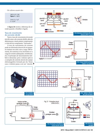 Os valores usuais são:
100 Ω ≤ R ≤ 1 kΩ
Típico: R = 100 Ω
10 nf ≤ C ≤ 1 μF
C = 22 nF

A figura 26 mostra a diferença da senoide quando o Snubber é ligado.

Taxa de crescimento
de corrente (di/dt)

F23. Estrutura intrínseca de uma
célula do MCT canal P.

Tanto a taxa de crescimento de tensão
(dv/dt) como a de corrente (di/dt), além de
deformarem o sinal, podem comprometer
a vida útil do componente “chaveador”.
A taxa de crescimento de corrente
pode ser eliminada através de um pequeno indutor em série com a carga. Obviamente, ele somente se faz necessário se a
carga for resistiva (lâmpadas, resistências,
etc). O princípio de funcionamento também é elementar, pois o indutor opõe-se
a variações de corrente através do campo
eletromagnético formado por ele. Nesse
caso, o indutor passa a ser um “amorte-

F24. Carga indutiva provoca
“spikes” na senoide.

F25. Snubber
encapsulado.

F26. “Spikes” eliminados pelo Snubber.

F27. Proteções simultâneas
contra dv/dt e di/dt.

F28. Estrutura
do IGBT.

2013 I Março/Abril I SABER ELETRÔNICA 468 I 33

 