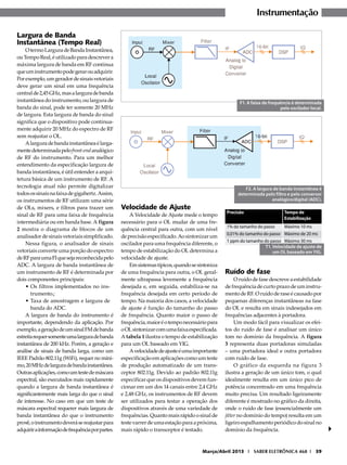 Instrumentação
Largura de Banda
Instantânea (Tempo Real)

O termo Largura de Banda Instantânea,
ou Tempo Real, é utilizado para descrever a
máxima largura de banda em RF contínua
que um instrumento pode gerar ou adquirir.
Por exemplo, um gerador de sinais vetoriais
deve gerar um sinal em uma frequência
central de 2,45 GHz, mas a largura de banda
instantânea do instrumento, ou largura de
banda do sinal, pode ter somente 20 MHz
de largura. Esta largura de banda do sinal
significa que o dispositivo pode continuamente adquirir 20 MHz do espectro de RF
sem reajustar o OL.
A largura de banda instantânea é largamente determinada pelo front-end analógico
de RF do instrumento. Para um melhor
entendimento da especificação largura de
banda instantânea, é útil entender a arquitetura básica de um instrumento de RF. A
tecnologia atual não permite digitalizar
todos os sinais na faixa de gigahertz. Assim,
os instrumentos de RF utilizam uma série
de OLs, mixers, e filtros para trazer um
sinal de RF para uma faixa de frequência
intermediária ou em banda base. A figura
2 mostra o diagrama de blocos de um
analisador de sinais vetoriais simplificado.
Nessa figura, o analisador de sinais
vetoriais converte uma porção do espectro
de RF para uma FI que seja reconhecida pelo
ADC. A largura de banda instantânea de
um instrumento de RF é determinada por
dois componentes principais:
•	 Os filtros implementados no instrumento.;
•	 Taxa de amostragem e largura de
banda do ADC.
A largura de banda do instrumento é
importante, dependendo da aplicação. Por
exemplo, a geração de um sinal FM de banda
estreita requer somente uma largura de banda
instantânea de 200 kHz. Porém, a geração e
análise de sinais de banda larga, como um
IEEE Padrão 802.11g (WiFi), requer no mínimo, 20 MHz de largura de banda instantânea.
Outras aplicações, como um teste de máscara
espectral, são executados mais rapidamente
quando a largura de banda instantânea é
significantemente mais larga do que o sinal
de interesse. No caso em que um teste de
máscara espectral requerer mais largura de
banda instantânea do que o instrumento
provê, o instrumento deverá se reajustar para
adquirir a informação de frequência por partes.

F1. A faixa de frequência é determinada
pelo oscilador local.

F2. A largura de banda instantânea é
determinada pelo filtro e pelo conversor
analógico/digital (ADC).

Velocidade de Ajuste

A Velocidade de Ajuste mede o tempo
necessário para o OL mudar de uma frequência central para outra, com um nível
de precisão especificado. Ao sintonizar um
oscilador para uma frequência diferente, o
tempo de estabilização do OL determina a
velocidade de ajuste.
Em sistemas típicos, quando se sintoniza
de uma frequência para outra, o OL geralmente ultrapassa levemente a frequência
desejada e, em seguida, estabiliza-se na
frequência desejada em certo período de
tempo. Na maioria dos casos, a velocidade
de ajuste é função do tamanho do passo
de frequência. Quanto maior o passo de
frequência, maior é o tempo necessário para
o OL sintonizar com uma faixa especificada.
A tabela 1 ilustra o tempo de estabilização
para um OL baseado em YIG.
A velocidade de ajuste é uma importante
especificação em aplicações como um teste
de produção automatizado de um transceptor 802.11g. Devido ao padrão 802.11g
especificar que os dispositivos devem funcionar em um dos 14 canais entre 2,4 GHz
e 2,48 GHz, os instrumentos de RF devem
ser utilizados para testar a operação dos
dispositivos através de uma variedade de
frequências. Quanto mais rápido o sinal de
teste varrer de uma estação para a próxima,
mais rápido o transceptor é testado.

Precisão

Tempo de
Estabilização

1% do tamanho do passo
Máximo 10 ms
0,01% do tamanho do passo Máximo de 20 ms
1 ppm do tamanho do passo Máximo 30 ms
T1. Velocidade de ajuste de
um OL baseado em YIG.

Ruído de fase

O ruído de fase descreve a estabilidade
de frequência de curto prazo de um instrumento de RF. O ruído de rase é causado por
pequenas diferenças instantâneas na fase
do OL e resulta em sinais indesejados em
frequências adjacentes à portadora.
Um modo fácil para visualizar os efeitos do ruído de fase é analisar um único
tom no domínio da frequência. A figura
3 representa duas portadoras simuladas
– uma portadora ideal e outra portadora
com ruído de fase.
O gráfico da esquerda na figura 3
ilustra a geração de um único tom, o qual
idealmente resulta em um único pico de
potência concentrado em uma frequência
muito precisa. Um resultado ligeiramente
diferente é mostrado no gráfico da direita,
onde o ruído de fase (essencialmente um
jitter no domínio do tempo) resulta em um
ligeiro espalhamento periódico do sinal no
domínio da frequência.

Março/Abril 2013 I SABER ELETRÔNICA 468 I 39

 
