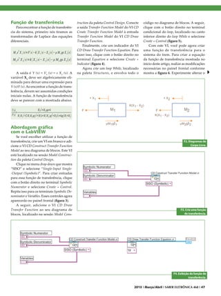 Função de transferência

Para encontrar a função de transferência do sistema, primeiro nós tiramos as
transformadas de Laplace das equações
diferenciais.

A saída é Y (s) = V1 (s) = s X1 (s). A
variável X1 deve ser algebricamente eliminada para deixar uma expressão para
Y (s)/F (s). Ao encontrar a função de transferência, devem ser assumidas condições
iniciais nulas. A função de transferência
deve se parecer com a mostrada abaixo.

truction da paleta Control Design. Conecte
a saída Transfer Function Model do VI CD
Create Transfer Function Model à entrada
Transfer Function Model do VI CD Draw
Transfer Function.
Finalmente, crie um indicador do VI
CD Draw Transfer Function Equation. Para
fazer isso, clique com o botão direito no
terminal Equation e selecione Create »
Indicator (figura 4).
Agora crie um loop While, localizado
na paleta Structures, e envolva todo o

código no diagrama de blocos. A seguir,
clique com o botão direito no terminal
condicional do loop, localizado no canto
inferior direito do loop While e selecione
Create » Control (figura 5).
Com este VI, você pode agora criar
uma função de transferência para o
sistema do trem. Para criar a equação
da função de transferência mostrada no
início deste artigo, realize as modificações
necessárias no painel frontal conforme
mostra a figura 6. Experimente alterar o

Abordagem gráfica
com o LabVIEW

Se você escolher utilizar a função de
transferência, crie um VI em branco e adicione o VI CD Construct Transfer Function
Model ao seu diagrama de blocos. Este VI
está localizado na sessão Model Construction da paleta Control Design.
Clique no menu drop-down que mostra
“SISO” e selecione “Single-Input Single-Output (Symbolic)”. Para criar entradas
para essa função de transferência, clique
com o botão direito no terminal Symbolic
Numerator e selecione Create » Control.
Repita isso para os terminais Symbolic Denominator e Variables. Esses controles agora
aparecerão no painel frontal (figura 3).
A seguir, adicione o VI CD Draw
Transfer Function ao seu diagrama de
blocos, localizado na sessão Model Cons-

F2. Diagramas de
Corpo Livre.

F3. Crie uma função
de transferência.

F4. Exibição da função de
transferência.
2013 I Março/Abril I SABER ELETRÔNICA 468 I 47

 