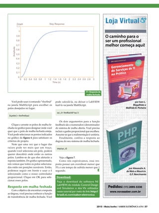F7. Resposta de
malha fechada.

Você pode usar o comando “rlocfind”
na janela MathScript para escolher os
polos desejados no lugar:

pode calculá-la, ou deixar o LabVIEW
fazê-lo na janela MathScript.
sys_cl= feedback(k*sys,1)

[k,poles] = rlocfind(sys)

Clique e arraste os polos de malha fechada no gráfico para designar onde você
quer que o polo de malha fechada esteja.
Você pode selecionar os pontos indicados
no gráfico da figura 6 para satisfazer os
critérios do projeto.
Note que uma vez que o lugar das
raízes pode ter mais que um traço,
quando você seleciona um polo, poderá
querer descobrir onde estão os outros
polos. Lembre-se de que eles afetarão a
reposta também. Do gráfico apresentado,
nós vemos que todos os polos selecionados estão em posições razoáveis. Então,
podemos seguir em frente e usar o k
selecionado como o nosso controlador
proporcional. Clique em OK para selecionar esses polos.

Resposta em malha fechada
Com o objetivo de encontrar a resposta
ao degrau, você precisa conhecer a função
de transferência de malha fechada. Você

Os dois argumentos para a função
feedback são o numerador e denominador
do sistema de malha aberta. Você precisa
incluir o ganho proporcional que escolheu.
Assume-se que a realimentação é unitária.
Finalmente, confira a resposta ao
degrau do seu sistema de malha fechada.
step(sys_cl)

Veja a figura 7.
Como nós esperávamos, essa resposta possui um overshoot menor que
5% e um tempo de subida menor que 1
E
segundo.

Download:
Faça o download do software NI
LabVIEW, do módulo Control Design
and Simulation e dos VIs utilizados
neste tutorial por meio do link: http://
brasil.ni.com/saber-eletronica

2013 I Maio/Junho I SABER ELETRÔNICA 470 I 37

 
