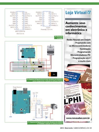 F5. Pinout do
CI L293D.

F6. Esquema de ligações de um motor de passo com Arduino e
outros componentes, realizado no software Fritzing.

F7. Esquema de ligações de um motor de passo com Arduino
e o ULN2003, realizado no software Fritzing.
2013 I Maio/Junho I SABER ELETRÔNICA 470 I 41

 