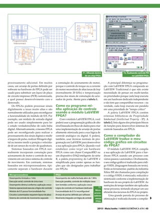 F1. Olhando dentro
de um chip FPGA.

processamento adicional. Em muitos
casos, um arranjo de portas definido por
software no hardware do FPGA pode ser
usado para substituir um layout de placa
de circuito impresso (PCB) customizada,
a qual possui desenvolvimento caro e
demorado.
Os FPGAs podem processar sinais
digitalmente a taxas muito altas e são
normalmente utilizados para reconfigurar
a funcionalidade do módulo de E/S. Por
exemplo, um módulo de entrada digital
pode ser usado simplesmente para ler
o estado verdadeiro/falso de cada linha
digital. Alternativamente, o mesmo FPGA
pode ser reconfigurado para realizar o
processamento dos sinais digitais e medir
a largura de pulso, realizar filtragem digital ou mesmo medir a posição e velocidade de um sensor de encoder de quadratura.
Sistemas baseados em FPGA normalmente incorporam comutação para
acionamento de motor e controle de movimento em um único sistema de controle
de movimento. Em contraste, sistemas
baseados em microprocessadores, tipicamente separam o hardware durante
Microprocessadores
Desempenho limitado a 1 kHz
Execução serial, controle de única taxa
Desempenho diminui conforme a aplicação cresce
Sistema operacional executa a lógica de controle
Módulo de E/S possui funcionalidade fixa
Circuitos customizados requerem layout de placa
Sistema de controle de movimento separado

a comutação do acionamento do motor,
porque o controle do torque ou a corrente
do motor necessitam de altas taxas de loop
(normalmente 20 kHz) e temporização
precisa dos sinais de comutação do acionador de porta. Atente para a tabela 1.

Como eu programo minha aplicação de controle
usando o módulo LabVIEW
FPGA?

Com o módulo LabVIEW FPGA, você
poderá usar a programação gráfica de alto
nível baseada em fluxo de dados para criar
uma implementação de arranjo de portas
altamente otimizada para a sua lógica de
controle analógico ou digital. E poderá,
também, usar técnicas normais de programação em LabVIEW para desenvolver
a sua aplicação para FPGA. Quando você
estabelece como target um hardware
FPGA como um chassi CompactRIO ou
um dispositivo DAQ inteligente da série
R, a paleta programming do LabVIEW é
simplificada para conter apenas as funções que são designadas para trabalhar
em FPGAs.
FPGA
Desempenho de malha fechada além de 1 MHz
Execução paralela, controle de múltiplas taxas
Sem lentidão conforme a aplicação cresce
T1.
Lógica de controle em hardware dedicado
MicroFuncionalidade de E/S é reconfigurável
procesArranjo de portas definido por software
sadores
Movimento integrado com lógica de controle
versus
FPGA.

F2. Realizando controle PID
no LabVIEW FPGA.

A principal diferença na programação com LabVIEW FPGA comparada ao
LabVIEW Tradicional é que não existe
necessidade de pensar em multi-tarefas
ou prioridades porque cada loop executa
em um hardware dedicado independente
e não tem que compartilhar recursos – na
verdade, cada loop executa em paralelo
em uma prioridade de “tempo crítico”
A paleta LabVIEW FPGA contém
extensas bibliotecas de Propriedade
Intelectual (Intellectual Property - IP). A
tabela 2, lista alguns dos principais blocos
de funções para desenvolver sistemas de
controle baseados em FPGA.

Como o compilador do
LabVIEW traduz o meu
código gráfico em circuitos
do FPGA?

O módulo LabVIEW FPGA compila
a sua aplicação do LabVIEW para o hardware FPGA usando um processo com
vários passos e automático. Ocultamente,
o seu código gráfico é traduzido para código VHDL (linguagem baseada em texto).
Então as ferramentas- padrão da indústria
Xilinx ISE são chamadas para compilação
e o código VHDL é otimizado, reduzido e
sintetizado conforme a implementação de
hardware do seu projeto do LabVIEW. As
restrições de tempo também são aplicadas
nesse processo, tentando alcançar um uso
eficiente dos recursos do FPGA no projeto.
Uma grande parcela do processo de
otimização é realizada durante a compila-

2013 I Maio/Junho I SABER ELETRÔNICA 470 I 43

 
