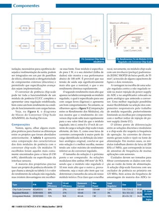 Componentes

F4. Conversor Chip-Scale
ADuM5010.

isolação, necessários para a potência desejada e realimentação da saída, podem
ser integrados em um par de pastilhas
de silício, eliminando a obrigatoriedade
de componentes externos (discretos) e
permitindo que especificações avançadas sejam implementadas.
O conversor de potência chip-scale
pode ter toda a funcionalidade de um
módulo de potência CC/CC completo e
apresentar uma regulação estabilizada,
bem como um bom rendimento na condição de funcionamento com cargas baixas.
Ve j a , n a f i g u r a 4 , o d i a g r a m a
de blocos do Conversor Chip-Scale
ADuM5010, da Analog Devices.

Comparações
Vamos, agora, olhar alguns exemplos práticos para ilustrar as diferenças
entre os projetos que foram abordados
anteriormente. A tabela 1 apresenta
uma comparação das características
dos dois módulos de potência com o
conversor chip-scale. Os módulos TI
escolhidos foram aqueles mais comumente encontrados para a faixa (0-150
mW), identificada na especificação da
interface sensora.
A maioria dos projetistas precisa
fazer um projeto de potência eficiente. O
que chama a atenção na tabela 1 é o valor
do rendimento da solução não regulada,
mas existem desvantagens em escolherType

P/N

Chip-Scale Converter ADuM5010
Regulated Module
DCR010505
Unregulated Module DCH010505

-se essa fonte. Esse módulo é especificado para 1 W, e o seu datasheet (folha de
dados) não mostra a sua performance
abaixo de 100 mW. É provável que sua
tensão de saída seja significativamente
mais alta que a nominal, e que o seu
rendimento diminua rapidamente.
O segundo rendimento mais alto que
aparece na tabela corresponde ao módulo
regulado, o qual é especificado para uso
com cargas leves (ligeiras) e apresenta
um bom comportamento. No entanto, se
olharmos agora a figura 5 (Comparação
entre os Rendimento dos Módulos), ela
nos mostra que o rendimento do conversor chip-scale sobe mais rapidamente
para o seu valor final do que o módulo
regulado, isto é, entre 0 e 15 mA de corrente de carga a solução chip-scale é mais
eficiente, de fato. E, como essa faixa de
correntes corresponde à maior parte da
carga identificada na definição da interface analógica original, conclui-se que
esta solução é a melhor escolha, mesmo
tendo um valor máximo de rendimento
inferior ao do conversor regulado.
O tamanho da solução é o próximo
ponto a ser comparado. As soluções
modulares têm ambas 180 mm² de PCI,
sendo que o módulo não regulado é
10 mm mais alto que o outro e, provavelmente, seja o mais alto item que vai
determinar o tamanho da caixa de nosso
módulo teórico. Fica claro que a escolha

F5. Rendimentos (%) do Módulo CC/CC
Regulado e do Conversor Chip-Scale.

recai, novamente, no módulo chip-scale
com um invólucro (package) padronizado JEDEC SSOP20 de baixo perfil, de 55
mm², acrescido de alguns capacitores de
bypass e dois resistores.
A vantagem na escolha de uma solução regulada contra a não regulada reside na maior rejeição de power supply
do ADC e no amplificador colocado na
parte analógica que antecede o conversor. Uma melhor regulação possibilita
maior flexibilidade na seleção dos componentes responsáveis pelo trabalho
de medida requerido, preferivelmente
limitando as escolhas por componentes
com o melhor índice de rejeição de power supply (fonte CC).
O último ponto de diferenciação
entre as soluções discretas e modulares
e a chip-scale diz respeito à frequência
de operação. As correntes de chaveamento geram ruído e ripple na fonte de
alimentação. Em muitos casos, os módulos trabalham dentro da faixa de 200
kHz a 1 MHz, que corresponde às taxas
de amostras de frequência de muitas
aplicações com sensores.
Cuidados devem ser tomados para
filtrar corretamente os dados com relação ao ruído da fonte de alimentação.
A solução chip-scale funciona com seu
oscilador de potência no primário em
125 MHz, bem acima da frequência de
amostragem da maioria dos ADCs in-

Peak
Efficiency

10 mA
Efficiency

Quiescent
Current

Max
Power

Load
Regulator

Size

Cost

30%
50%
72%

27%
21%
N/A

6.8 mA
18 mA
60 mA

150 mW
1W
1W

1.3%
3%
10%

7.4 × 7.4 × 2
18 × 10 × 2.5
20 × 8 × 10

$1.50
T1. Com$5.95
paração
$4.25 das tecnologias.

48 I SABER ELETRÔNICA 470 I Maio/Junho I 2013

 