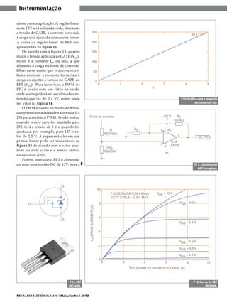 Instrumentação
ciente para a aplicação. A região linear
deste FET será utilizada onde, alterando
a tensão de GATE, a corrente fornecida
à carga será ajustada de maneira linear.
A curva da região linear do FET está
apresentada na figura 13.
De acordo com a figura 13, quanto
maior a tensão aplicada ao GATE (VGS),
maior é a corrente I D, ou seja, a que
alimenta a carga na fonte de corrente.
Observa-se assim que o microcontrolador controla a corrente fornecida à
carga ao ajustar a tensão no GATE do
FET (V GS). Para fazer isso, o PWM do
PIC é usado com um filtro na saída,
onde assim poderá ser escalonada uma
tensão que irá de 0 a 5V, como pode
ser visto na figura 14.
O PWM é usado no modo de 8 bits,
que possui uma faixa de valores de 0 a
255 para ajustar o PWM. Sendo assim,
quando o duty cycle for ajustado para
255, terá a tensão de 5 V e quando for
ajustada, por exemplo, para 127 o valor de 2,5 V. A representação em um
gráfico linear pode ser visualizada na
figura 15 de acordo com o valor ajustado no duty cycle e a tensão obtida
na saída do filtro.
Porém, note que o FET é alimentado com uma tensão DC de 12V, mas a

F12. FET
IRF540N.
56 I SABER ELETRÔNICA 470 I Maio/Junho I 2013

F10. Gráfico com a resposta
do conversor AD.

F11. Circuito com
AOP completo.

F13. Curva do FET
IRF540N.

 