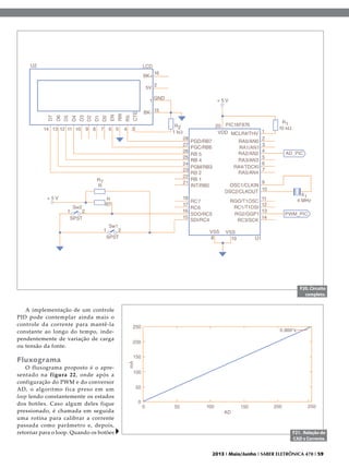F20. Circuito
completo.

A implementação de um controle
PID pode contemplar ainda mais o
controle da corrente para mantê-la
constante ao longo do tempo, independentemente de variação de carga
ou tensão da fonte.

Fluxograma

O fluxograma proposto é o apresentado na figura 22, onde após a
configuração do PWM e do conversor
AD, o algoritmo fica preso em um
loop lendo constantemente os estados
dos botões. Caso algum deles fique
pressionado, é chamada em seguida
uma rotina para calibrar a corrente
passada como parâmetro e, depois,
retornar para o loop. Quando os botões

F21. Relação do
CAD x Corrente.
2013 I Maio/Junho I SABER ELETRÔNICA 470 I 59

 