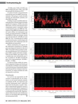 Instrumentação
-115 dBm entre 1 GHz e 2,7 GHz com
RBW configurada para 1 kHz, com 0 dB
de atenuação de entrada em 25°C.
O ruído de fundo é frequentemente
normalizado para uma RBW comum (geralmente 1 Hz) porque o ruído de fundo
aparente do instrumento aumenta com
uma RBW mais larga.
Certifique-se que as medidas estão normalizadas para a mesma largura de banda
quando for comparar o DANL entre dois
fabricantes. A técnica mais fácil para fazer
comparações justas é normalizar ambos
os instrumentos para uma RBW de 1 Hz.
Subtraia 10 log (RBW) da medida de ruído
de fundo obtida. Um instrumento que
mostre um ruído de fundo de -115 dBm em
uma RBW de 1 kHz, por exemplo, calcula
um ruído de fundo de -145 dBm em uma
RBW de 1 Hz. A normalização de ambos
os instrumentos para a mesma largura de
banda garante uma comparação justa do
desempenho do instrumento.
Muitos analisadores de espectro de
RF tradicionais normalizam as medidas
para uma largura de banda de vídeo de 6
MHz. Você pode realizar qualquer medição normalizada para 1 Hz e normalizá-la
para 6 MHz usando matemática simples.
Some 10 log (6 MHz), que é igual a 67,8,
a medida que está normalizada para 1
Hz. A medida de -145 dBm normalizada
para 1 Hz é representada por -145 dBm +
68 dBm = -77 dBm.
O ruído de fundo exibido do instrumento depende da largura de banda que
será utilizada. Certifique-se de normalizar
o nível de sinal para a apropriada largura
de banda quando for comparar vários instrumentos, ou realizar medidas de ruído
de dispositivos sob teste.

F9. Tráfico detectado com 500
cálculos de média de pico.

F10. Com RBW de 10 kHz, o ruído de fundo
aparece em torno de -70 dBm.

Conclusão

Se você for um especialista em RF
revendo as especificações de um instrumento ou um novato tentando entender
as medições de RF, nós esperamos que
encontre informações úteis e aplicáveis
nesta série de três partes. A parte 1 detalhou as especificações genéricas comuns a
todos os instrumentos de RF. As partes 2 e 3
focaram nas especificações para geradores
e analisadores de sinais de RF, respectivamente. Utilize esta série como referência no
futuro, ou como ajuda sobre especificações
de instrumentos de RF.
E

66 I SABER ELETRÔNICA 470 I Maio/Junho I 2013

F11. Com RBW de 100 Hz, o ruído de fundo
aparece em torno de -80 dBm.

 