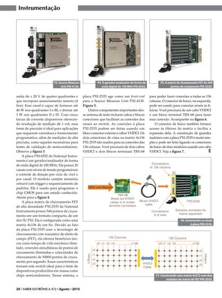Instrumentação

F3. Source Measure
Unit PXI-4130.

saída de ± 20 V de quatro quadrantes e
que incorpora sensoriamento remoto (4
fios). Esse canal é capaz de fornecer até
40 W nos quadrantes I e III, e drenar até
3 W nos quadrantes II e IV. Com cinco
faixas de corrente disponíveis oferecendo resolução de medição de 1 nA, essa
fonte de precisão é ideal para aplicações
que requerem varredura e fornecimento
programático, além de medições de alta
precisão, como aquelas necessárias para
testes de validação de semicondutores.
Observe a figura 3.
A placa PXI-6552 da National Instruments é um gerador/analisador de forma
de onda digital de 100 MHz. Ela possui 20
canais com níveis de tensão programáveis
e controle de direção por ciclo de clock e
por canal. O módulo contém memória
onboard com trigger e sequenciamento de
padrões. Ele é usado para programar o
chip CMOS para um estado conhecido.
Atente para a figura 4.
A placa matriz de chaveamento FET
de alta densidade PXI-2535 da National
Instruments possui 544 pontos de cruzamento em um formato compacto, de um
slot 3U PXI. Ela é configurada como uma
matriz 4x136 de um fio. Devido ao fato
da placa PXI-2535 usar a tecnologia de
chaveamento com transistor de efeito de
campo (FET), ela oferece benefícios únicos como tempo de vida mecânico ilimitado, conexões simultâneas de pontos de
cruzamento ilimitadas e velocidades de
chaveamento de 50000 pontos de cruzamento por segundo. Essas características
tornam este switch ideal para o teste de
dispositivos produzidos em massa como
chips semicondutores. Nesse sistema, a

20 I SABER ELETRÔNICA 472 I Agosto I 2013

F4. O gerador/analisador de forma de
onda digital de 100 MHz PXI-6552.

placa PXI-2535 age como um front-end
para a Source Measure Unit PXI-4130.
Figura 5.
Outros componentes importantes desse sistema de teste incluem cabos e blocos
conectores que facilitam as conexões dos
sinais ao switch. As conexões à placa
PXI-2535 podem ser feitas usando um
bloco conector externo e cabos VHDCI. Os
dois conectores de cima na matriz 4x136
PXI-2535 são usados para as conexões das
136 colunas. Você precisará de dois cabos
VHDCI e dois blocos terminais TBX-68

F5. A matriz de chaveamento FET de 544
pontos de cruzamento PXI-2535.

para poder fazer conexões a todas as 136
colunas. O conector de baixo, na esquerda,
pode ser usado para conectar sinais às fileiras. Você precisará de um cabo VHDCI
e um bloco terminal TBX-68 para fazer
essa conexão. Acompanhe na figura 6.
O conector de baixo também fornece
acesso às fileiras da matriz e facilita a
expansão dela. A construção de grandes
matrizes com a placa PXI-2535 é muito simples e pode ser feita ligando os conectores
de baixo de dois módulos usando um cabo
VHDCI. Veja a figura 7.
E

F6. Conectando os sinais
à placa PXI-2535.

F7. Construindo uma matriz 4x272 com dois
módulos de matriz de FET PXI-2535.

 