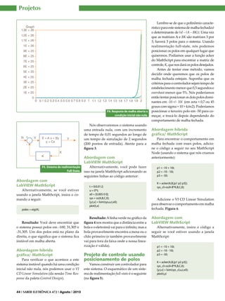 Projetos

F4. Resposta de malha aberta a
condição inicial não nula.

Nós observaremos o sistema usando
uma entrada nula, com um incremento
de tempo de 0,01 segundos ao longo de
um tempo de simulação de 2 segundos
(200 pontos de entrada). Atente para a
figura 3.

Abordagem com
LabVIEW MathScript
F5. Sistema de realimentação
Full-State.

Abordagem com
LabVIEW MathScript
Alternativamente, se você estiver
usando a janela MathScript, insira o comando a seguir:
poles = eig(A).

Resultado: Você deve encontrar que
o sistema possui polos em -100; 31,305 e
-31,305. Um dos polos está no plano da
direita, o que significa que o sistema fica
instável em malha aberta.

Abordagem híbrida
gráfica/ MathScript
Para verificar o que acontece a este
sistema instável quando há uma condição
inicial não nula, nós podemos usar o VI
CD Linear Simulation (da sessão Time Response da paleta Control Design).

44 I SABER ELETRÔNICA 472 I Agosto I 2013

Alternativamente, você pode fazer
isso na janela MathScript adicionando as
seguintes linhas ao código anterior:
t = 0:0.01:2;
u = 0*t;
x0 = [0.005 0 0];
sys = ss(A,B,C,0);
[y,t,x] = lsim(sys,u,t,x0);
plot(t,x)

Resultado: A linha verde no gráfico da
figura 4 nos mostra que a distância entre a
bola e o eletroímã vai para o infinito, mas a
bola provavelmente encontra a mesa ou o
chão primeiro (e também provavelmente
vai para fora da faixa onde a nossa linearização é válida).

Projeto de controle usando
posicionamento de polos

Vamos construir um controlador para
este sistema. O esquemático de um sistema de realimentação full-state é o seguinte
(na figura 5).

Lembre-se de que o polinômio característico para este sistema de malha fechada é
o determinante de (sI – (A – BK)). Uma vez
que as matrizes A e BK são matrizes 3 por
3, haverá 3 polos para o sistema. Usando
realimentação full-state, nós podemos
posicionar os polos em qualquer lugar que
quisermos. Podíamos usar a função acker
do MathScript para encontrar a matriz de
controle, K, que nos dará os polos desejados.
Antes de tentar esse método, vamos
decidir onde queremos que os polos de
malha fechada estejam. Suponha que os
critérios para o controlador sejam tempo de
estabelecimento menor que 0,5 segundos e
overshoot menor que 5%. Nós poderíamos
então tentar posicionar os dois polos dominantes em -10 +/- 10i (em zeta = 0,7 ou 45
graus com sigma = 10 > 4,6x2). Poderíamos
posicionar o terceiro polo em -50 para começar, e trocá-lo depois dependendo do
comportamento de malha fechada.

Abordagem híbrida
gráfica/ MathScript
Para encontrar o comportamento em
malha fechada com esses polos, adicione o código a seguir no seu MathScript
Node (usando o sistema que nós criamos
anteriormente):
p1 = -10 + 10i;
p2 = -10 - 10i;
p3 = -50;
K = acker(A,B,[p1 p2 p3]);
sys_cl=ss(A-B*K,B,C,0);

Adicione o VI CD Linear Simulation
para observar o comportamento em malha
fechada. Figura 6.

Abordagem com
LabVIEW MathScript
Alternativamente, insira o código a
seguir se você estiver usando a janela
MathScript:
p1 = -10 + 10i;
p2 = -10 - 10i;
p3 = -50;
K = acker(A,B,[p1 p2 p3]);
sys_cl=ss(A-B*K,B,C,0);
[y,t,x] = lsim(sys_cl,u,t,x0);
plot(t,y)

 