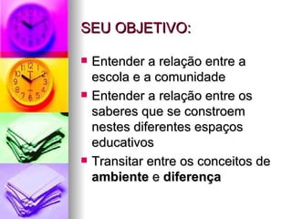 SEU OBJETIVO: Entender a relação entre a escola e a comunidade Entender a relação entre os saberes que se constroem nestes diferentes espaços educativos Transitar entre os conceitos de  ambiente  e  diferença 