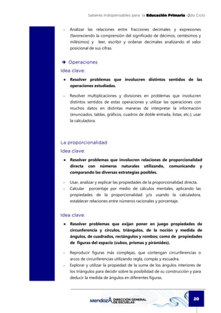 Saberes Indispensables para la Educación Primaria -2do Ciclo


 -   Analizar las relaciones entre fracciones decimales y expresiones
     (favoreciendo la comprensión del significado de décimos, centésimos y
     milésimos) y      leer, escribir y ordenar decimales analizando el valor
     posicional de sus cifras.


     Operaciones
Idea clave:
 ●   Resolver problemas que involucren distintos sentidos de las
     operaciones estudiadas.

 -   Resolver multiplicaciones y divisiones en problemas que involucren
     distintos sentidos de estas operaciones y utilizar las operaciones con
     muchos datos en distintas maneras de interpretar la información
     (enunciados, tablas, gráficos, cuadros de doble entrada, listas, etc.); usar
     la calculadora.




La proporcionalidad
Idea clave:
 ●   Resolver problemas que involucren relaciones de proporcionalidad
     directa    con    números     naturales   utilizando,    comunicando        y
     comparando las diversas estrategias posibles.

 -   Usar, analizar y explicar las propiedades de la proporcionalidad directa.
 -   Calcular   porcentaje por medio de cálculos mentales, aplicando las
     propiedades de la proporcionalidad y/o usando la calculadora,
     establecer relaciones entre números racionales y porcentaje.


Idea clave:
 ●   Resolver problemas que exijan poner en juego propiedades de
     circunferencia y círculos, triángulos, de la noción y medida de
     ángulos, de cuadrados, rectángulos y rombos; como de propiedades
     de figuras del espacio (cubos, prismas y pirámides).

 -   Reproducir figuras más complejas, que contengan circunferencias o
     arcos de circunferencias utilizando regla, compás y escuadra.
 -   Explorar y utilizar la propiedad de la suma de los ángulos interiores de
     los triángulos para decidir sobre la posibilidad de su construcción y para
     deducir la medida de ángulos en diferentes figuras.




                                                                            20
 