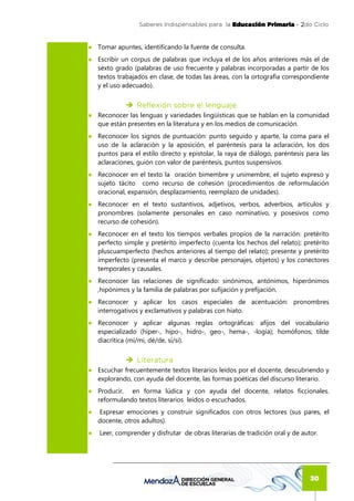 Saberes Indispensables para la Educación Primaria - 2
                                                                      2do Ciclo


● Tomar apuntes, identificando la fuente de consulta.
● Escribir un corpus de palabras que incluya el de los años anteriores más el de
  sexto grado (palabras de uso frecuente y palabras incorporadas a partir de los
  textos trabajados en clase, de todas las áreas, con la ortografía correspondiente
  y el uso adecuado).


                 Reflexión sobre el lenguaje
● Reconocer las lenguas y variedades lingüísticas que se hablan en la comunidad
  que están presentes en la literatura y en los medios de comunicación.
● Reconocer los signos de puntuación: punto seguido y aparte, la coma para el
  uso de la aclaración y la aposición, el paréntesis para la aclaración, los dos
  puntos para el estilo directo y epistolar, la raya de diálogo, paréntesis para las
  aclaraciones, guión con valor de paréntesis, puntos suspensivos.
● Reconocer en el texto la oración bimembre y unimembre, el sujeto expreso y
  sujeto tácito como recurso de cohesión (procedimientos de reformulación
  oracional, expansión, desplazamiento, reemplazo de unidades).
● Reconocer en el texto sustantivos, adjetivos, verbos, adverbios, artículos y
  pronombres (solamente personales en caso nominativo, y posesivos como
  recurso de cohesión).
● Reconocer en el texto los tiempos verbales propios de la narración: pretérito
  perfecto simple y pretérito imperfecto (cuenta los hechos del relato); pretérito
  pluscuamperfecto (hechos anteriores al tiempo del relato); presente y pretérito
  imperfecto (presenta el marco y describe personajes, objetos) y los conectores
  temporales y causales.
● Reconocer las relaciones de significado: sinónimos, antónimos, hiperónimos
  ,hipònimos y la familia de palabras por sufijación y prefijación.
● Reconocer y aplicar los casos especiales de acentuación: pronombres
  interrogativos y exclamativos y palabras con hiato.
● Reconocer y aplicar algunas reglas ortográficas: afijos del vocabulario
  especializado (hiper-, hipo-, hidro-, geo-, hema-, -logía); homófonos; tilde
  diacrítica (mí/mi, dé/de, sí/si).


                 Literatura
● Escuchar frecuentemente textos literarios leídos por el docente, descubriendo y
  explorando, con ayuda del docente, las formas poéticas del discurso literario.
● Producir, en forma lúdica y con ayuda del docente, relatos ficcionales.
  reformulando textos literarios leídos o escuchados.
●   Expresar emociones y construir significados con otros lectores (sus pares, el
    docente, otros adultos).
●   Leer, comprender y disfrutar de obras literarias de tradición oral y de autor.




                                                                               30
 