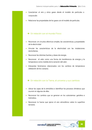 Saberes Indispensables para la Educación Primaria - 2
                                                                     2do Ciclo


●   Caracterizar al aire y otros gases desde el modelo de partículas o

    corpuscular.

●   Relacionar las propiedades de los gases con el modelo de partículas.




       En relación con el mundo Físico



●   Reconocer, en circuitos eléctricos simples, las características y propiedades
    de la electricidad

●   Vincular las características de la electricidad con las instalaciones
    domiciliarias.

●   Reconocer las distintas fuentes y clases de energía.

●   Reconocer      el calor como una forma de transferencia de energía y la
    temperatura como medida de la variación del calor.

●   Interpretar fenómenos relacionados con los cambios de temperatura
    (dilatación de los cuerpos).




       En relación con la Tierra, el universo y sus cambios



●   Ubicar las capas de la atmósfera e identificar los procesos climáticos que
    ocurren en algunas de ellas.

●   Reconocer los cambios que se generan en los subsistemas: geósfera e
    hidrósfera.

●   Reconocer la fuerza que ejerce el aire atmosférico sobre la superficie
    terrestre.




                                                                           35
 