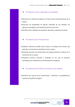 Saberes Indispensables para la Educación Primaria - 2do Ciclo
                                                                  2




        En relación con los materiales y sus cambios



● Reconocer los cambios de estado en el marco de las transformaciones de la
 materia.
● Reconocer las propiedades de algunos materiales de uso cotidiano, de
 aplicación tecnológica y de importancia para los seres vivos.
● Identificar el/los método/s de separación adecuado a cada tipo de mezcla.




        En relación con el mundo Físico



● Establecer relaciones sencillas entre el peso y el empuje como fuerzas que
 participan en el fenómeno de flotación de los cuerpos
● Interpretar procesos de transformación de energía potencial a cinética en el
 movimiento de un cuerpo.
● Interpretar procesos naturales o artificiales en los que se producen
 manifestaciones, transferencia y transformaciones energéticas.




        En relación con la Tierra, el universo y sus cambios



● Identificar la/s causa/s de la contaminación ambiental y la posibilidad de
 mantener el equilibrio ecológico.




                                                                        47
 