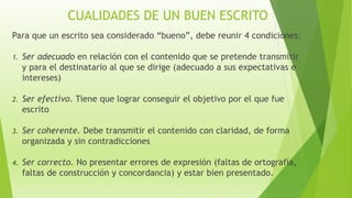 CUALIDADES DE UN BUEN ESCRITO
Para que un escrito sea considerado “bueno”, debe reunir 4 condiciones:
1. Ser adecuado en relación con el contenido que se pretende transmitir
y para el destinatario al que se dirige (adecuado a sus expectativas e
intereses)
2. Ser efectivo. Tiene que lograr conseguir el objetivo por el que fue
escrito
3. Ser coherente. Debe transmitir el contenido con claridad, de forma
organizada y sin contradicciones
4. Ser correcto. No presentar errores de expresión (faltas de ortografía,
faltas de construcción y concordancia) y estar bien presentado.
 