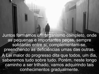 Juntos formamos um organismo completo, onde
   as pequenas e importantes peças, sempre
     solidárias entre si, complementam-se,
 preenchendo as deficiências umas das outras.
A Lei maior do progresso dita que todos, um dia,
saberemos tudo sobre tudo. Porém, neste longo
 caminho a ser trilhado, vamos adquirindo tais
         conhecimentos gradualmente.
 