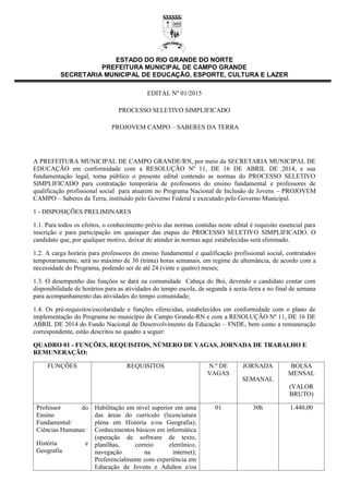 ESTADO DO RIO GRANDE DO NORTE
PREFEITURA MUNICIPAL DE CAMPO GRANDE
SECRETARIA MUNICIPAL DE EDUCAÇÃO, ESPORTE, CULTURA E LA...